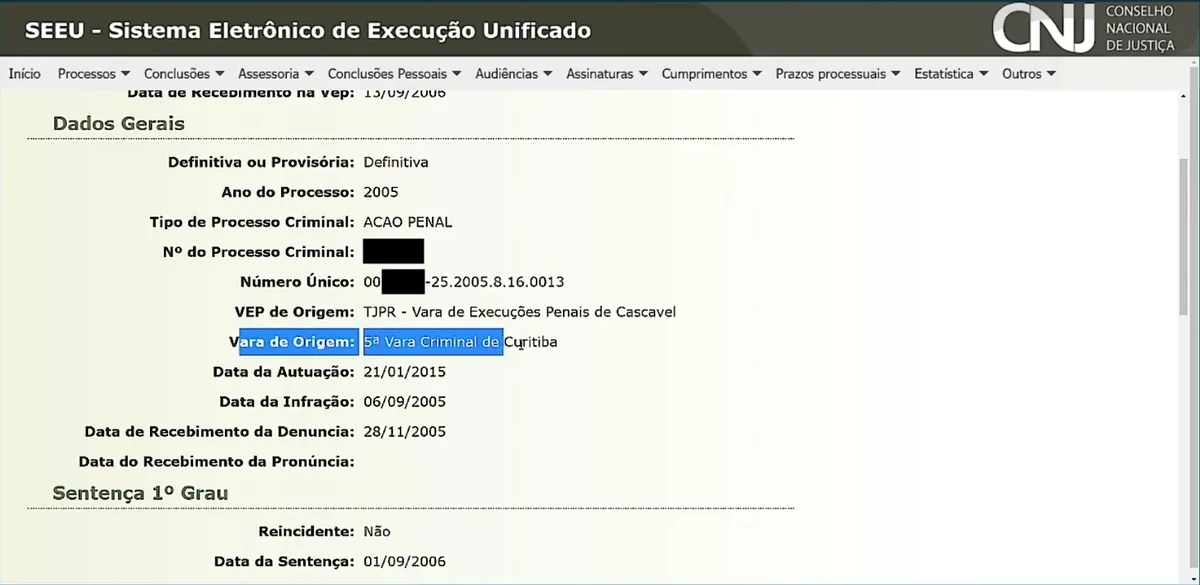 Tela de aula do curso mostrando o SEEU, dados gerais do processo