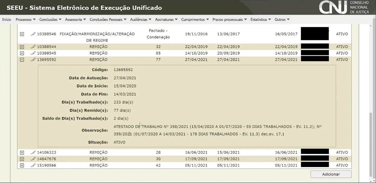 Tela de aula do curso mostrando o SEEU, aba de remições